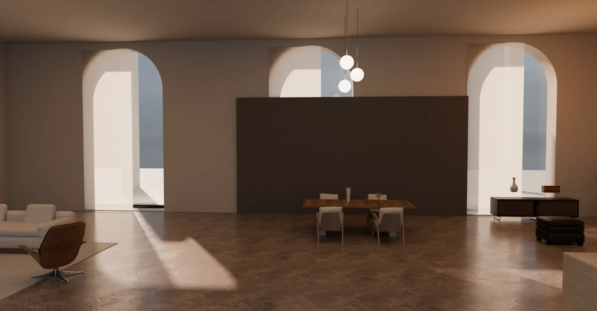 The Ombra showroom hall with its three arched windows