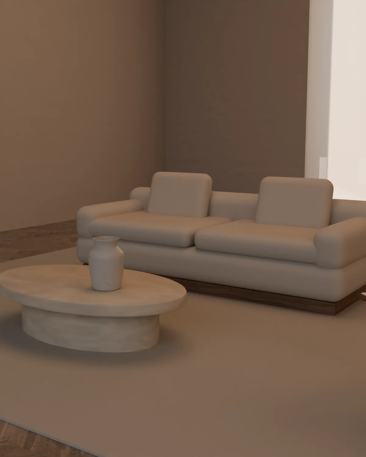 Lento sofa and Pietra table in the Ombra showroom, afternoon light